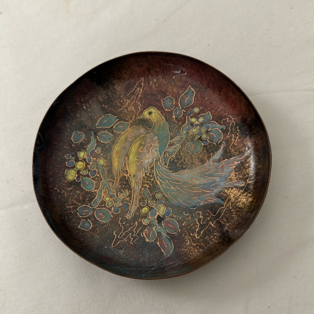 Vintage Enamel on Copper Trinket Dish, Ring -change Dish Bird & Floral Design